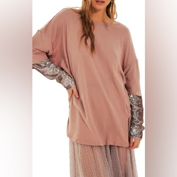 Free People Mauve Long Sleeve Top with Silver Sequin Accents - Picture 1 of 5